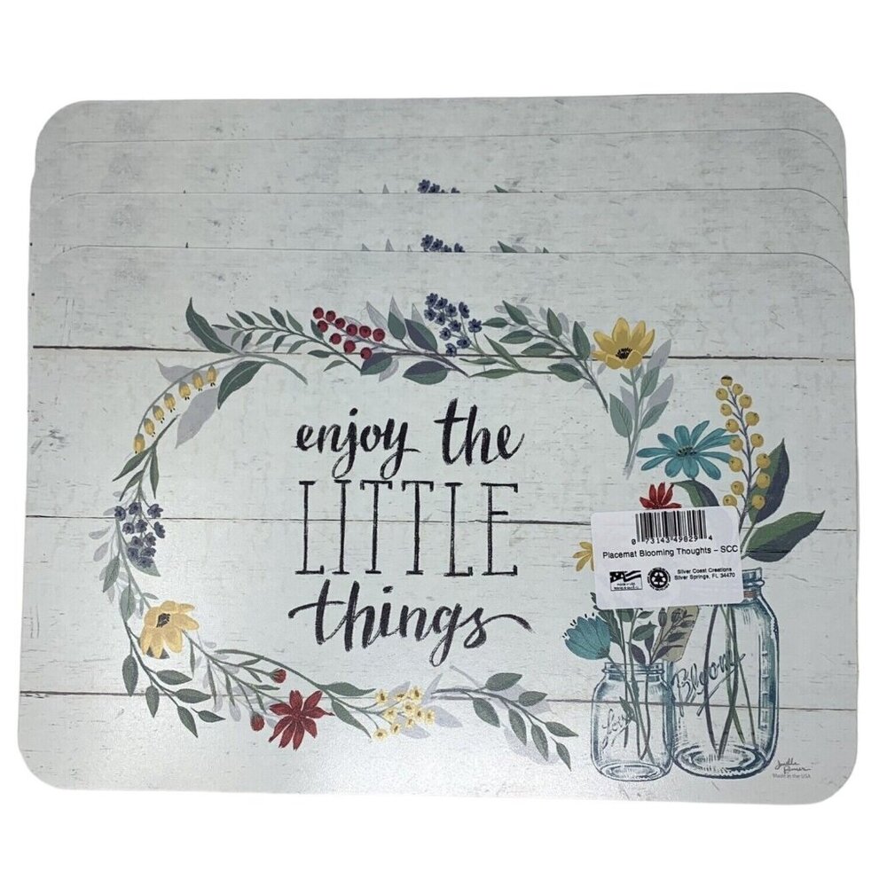 Floral Yellow Vinyl Reversible Placemats Live Happy Mason Jars Farmhouse Set - Picture 2 of 4
